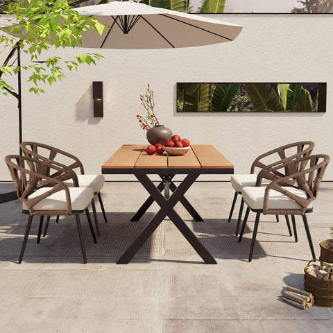 5-Piece Outdoor Dining Set, Rectangular Table with PE Rattan Rope-Woven Chairs & Cushions, Weather-Resistant Patio Furniture, Brown