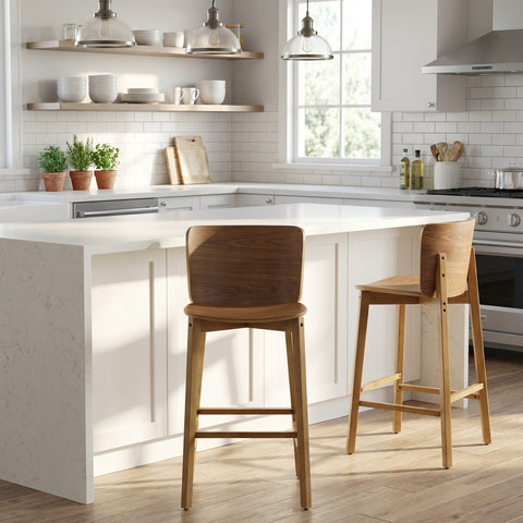 Set of 2 Wooden Barstools Counter Stools, Rubberwood Frame with Ergonomic Curved Backrest for Kitchen Island Home Bar