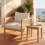 Outdoor Acacia Wood Club Chair with PE Wicker Accents, Boho Modern Patio Armchair with Waterproof Cushions