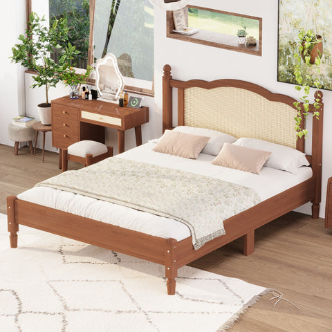 Queen Size Wooden Platform Bed with Natural Rattan Headboard, Vintage Bed Frame with Wooden Slat Support, Walnut