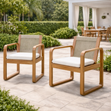 2pcs Outdoor Dining Chair Set, Acacia Wood Frame Armchairs Patio Side Chair with Rope Back & Water-Repellent Beige Cushions, Light Teak