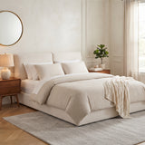 King Size Upholstered Bed Frame, Double-Pillow Platform Bed with Skin-Friendly Textured Fabric, Beige+Cream