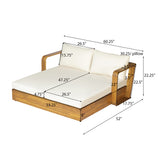 Teak Finish Acacia Wood Daybed, 2-Seater Sofa Bed with Cream Cushion & Detachable Back Pillows for Outdoor Indoor