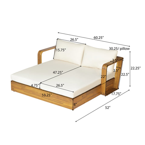 Teak Finish Acacia Wood Daybed, 2-Seater Sofa Bed with Cream Cushion & Detachable Back Pillows for Outdoor Indoor