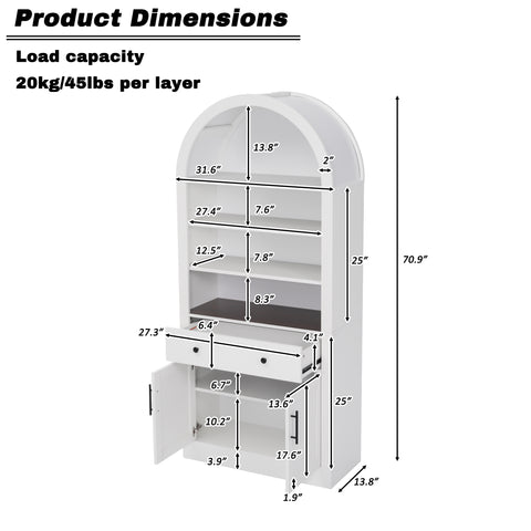 1 PC Arched Bookshelf, Tall Display Bookcase with Drawer & Adjustable Shelves, Freestanding Kitchen Cabinet for Living Room, Office