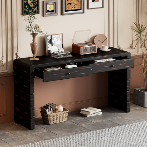 Curved Wooden Console Table with Storage, Rustic Farmhouse Entryway Table with 2 Drawers for Hallway & Living Room, Black