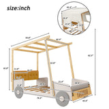 Wooden Twin Size Car Bed with Pillows, Ceiling Cloth and LED, Natural