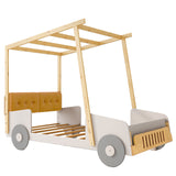 Wooden Twin Size Car Bed with Pillows, Ceiling Cloth and LED, Natural