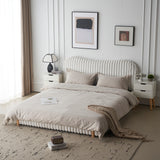 Boucle Upholstered Platform Bed with Wavy Headboard & Vertical Stitching, King Size Bed Frame, White
