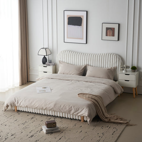 Boucle Upholstered Platform Bed with Wavy Headboard & Vertical Stitching, King Size Bed Frame, White