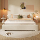 Elegant Platform Bed, Boucle Fabric Upholstered Bed Frame with Soft Headboard, King Size, White