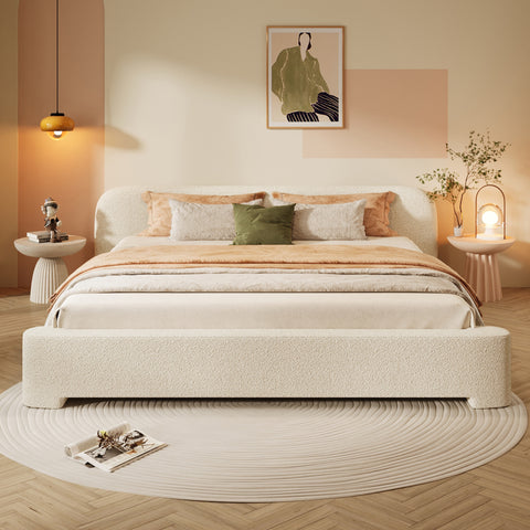 Elegant Platform Bed, Boucle Fabric Upholstered Bed Frame with Soft Headboard, King Size, White